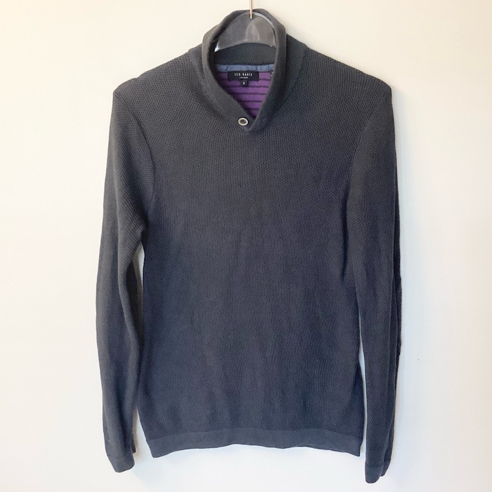 Ted Baker Cabrilo Size 2 Small Navy Blue Shawl Knitted Waffle Knit Sweater
